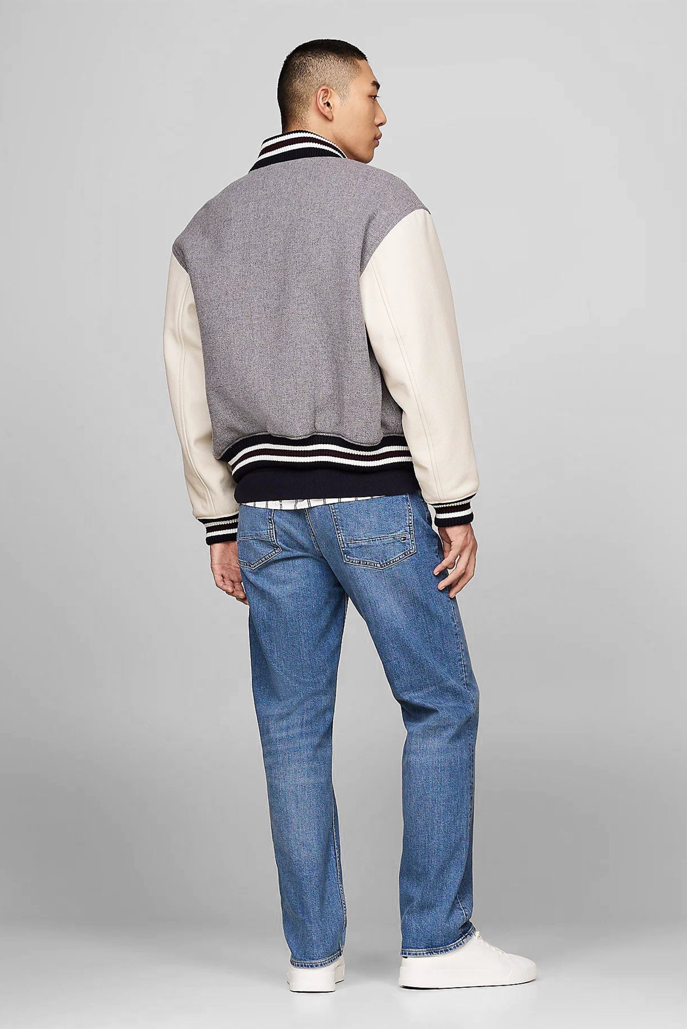 Мужской серый шерстяной бомбер LEATHER VARSITY JACKET 3