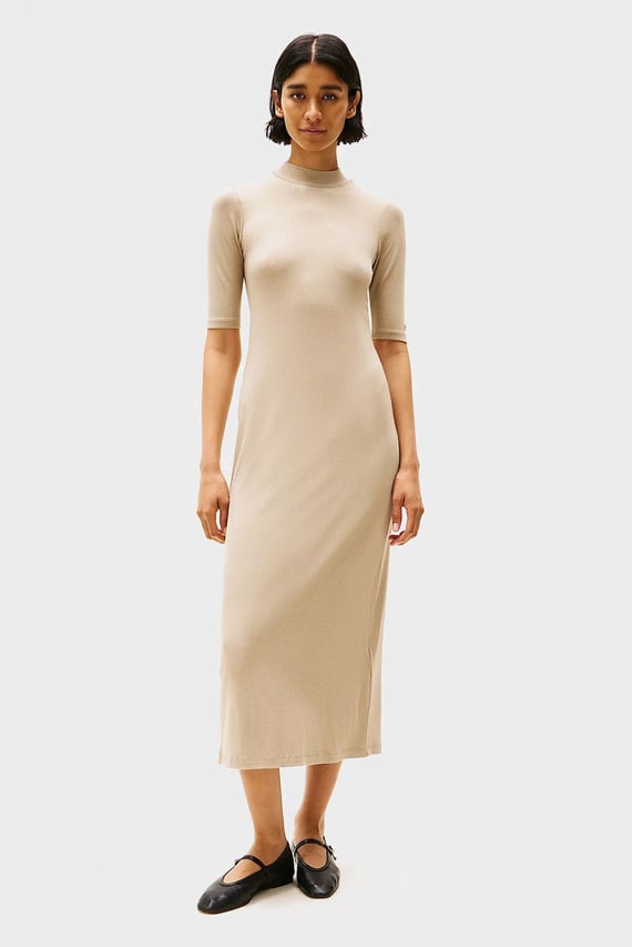 Женское бежевое платье SLIM 5X2 RIB MIDI DRESS 1 2