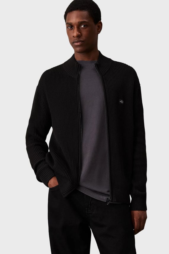Мужской черный кардиган WOVEN LABEL ZIP THROUGH