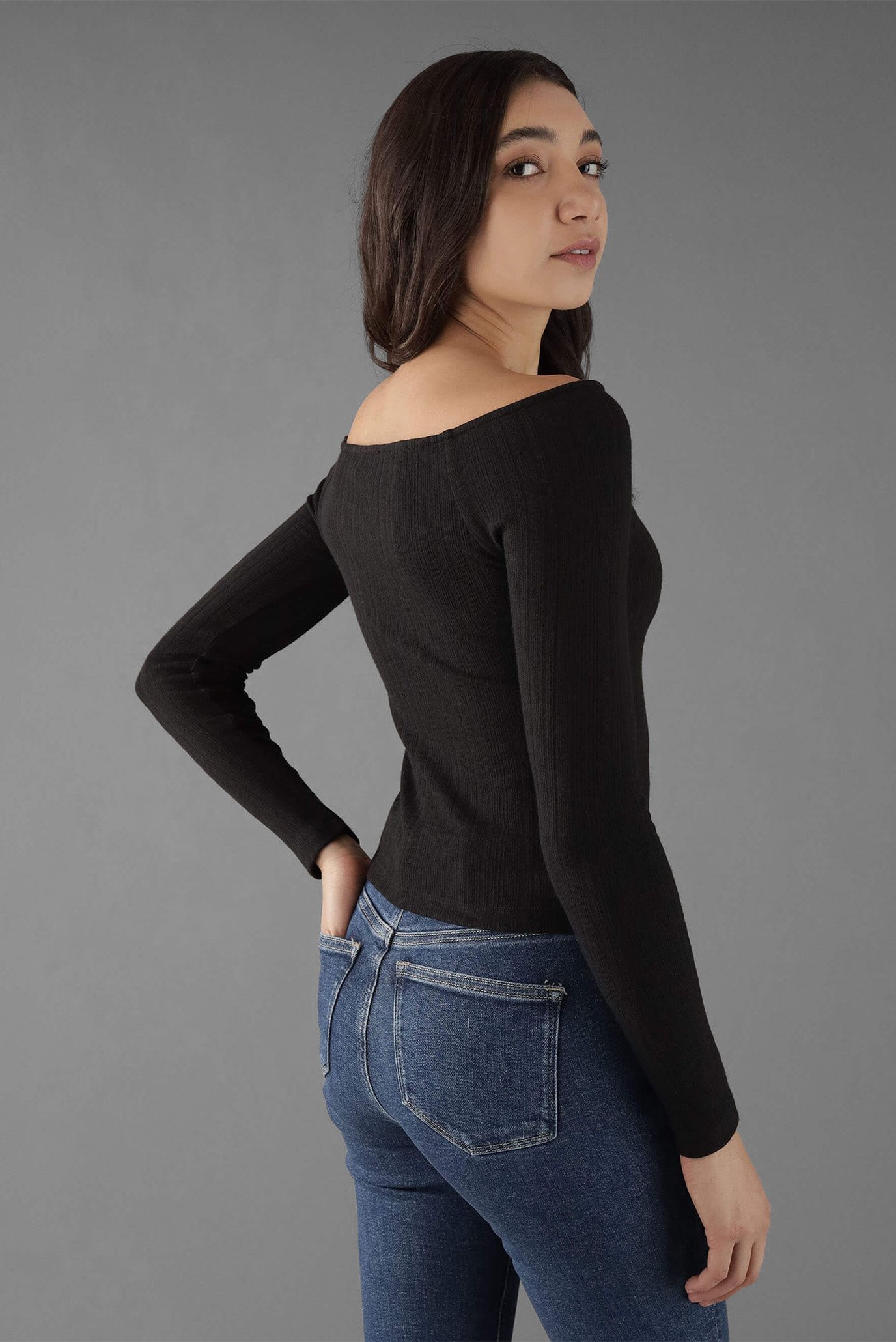Женский черный топ WARM TEXTURE RIB BARDOT TOP 3
