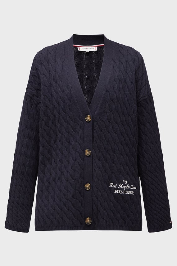 Женский темно-синий шерстяной кардиган WOOL BLEND CABLE V-NK