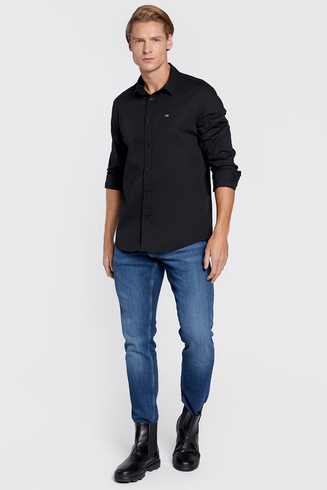 Мужская черная рубашка STRETCH POPLIN SLIM 3