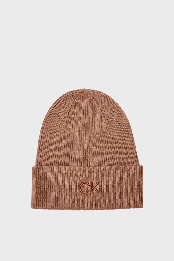 Женская коричневая шапка CK EMBROIDERY FINE RIB BEANIE