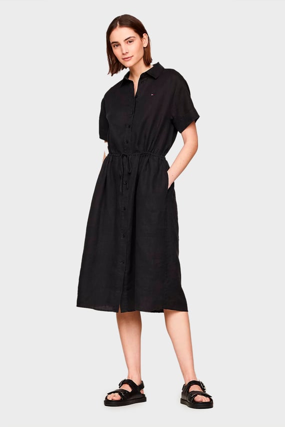 Женское черное льняное платье LINEN SS MIDI SHIRT Tommy Hilfiger