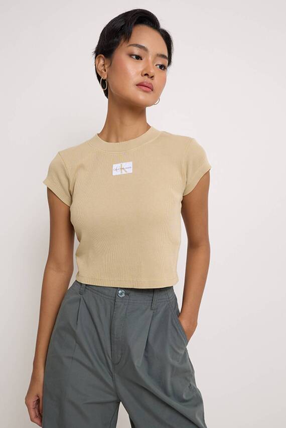 Женская бежевая футболка WASHED WOVEN LABEL RIB BABY TEE