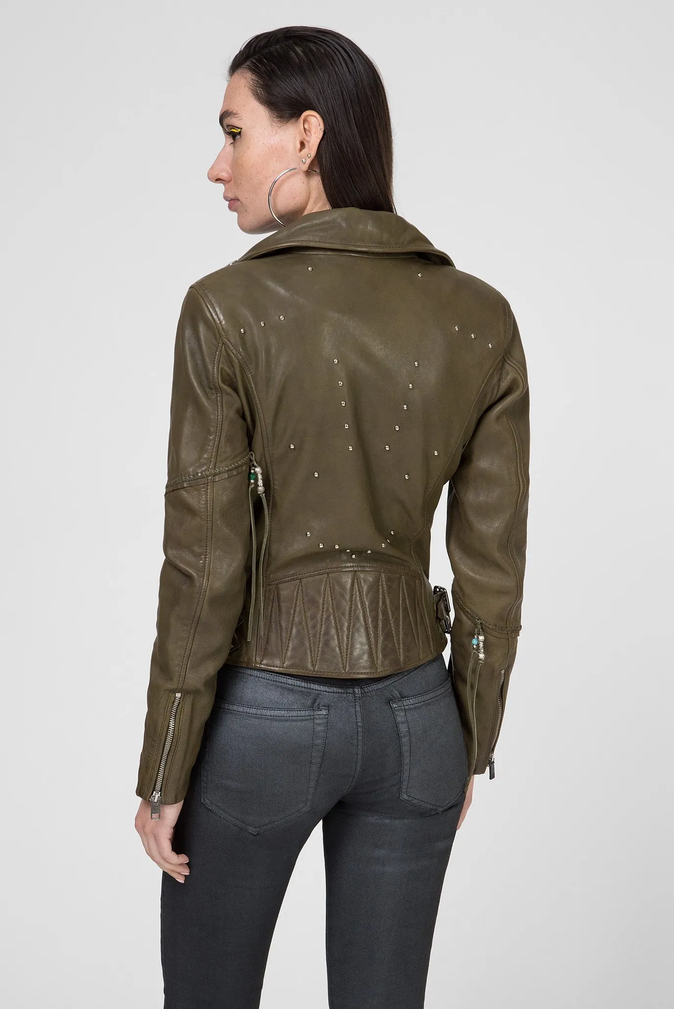 Женская оливковая кожаная косуха L-SINYA-A GIACCA 3
