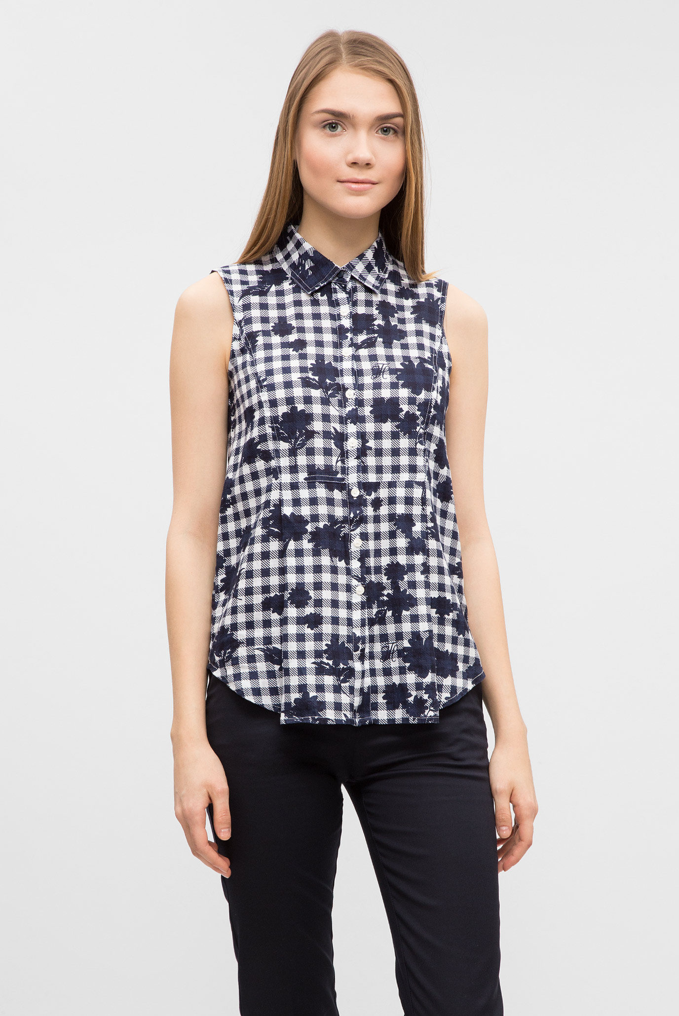 Женская темнo-синяя блуза в клетку 6