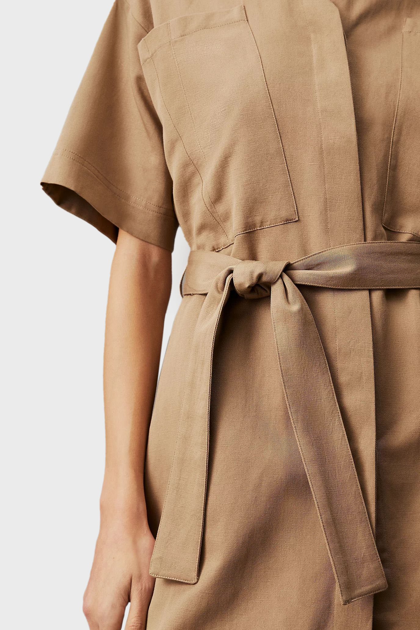 Женское коричневое платье COTTON LINEN BELTED SHIFT DRESS 4