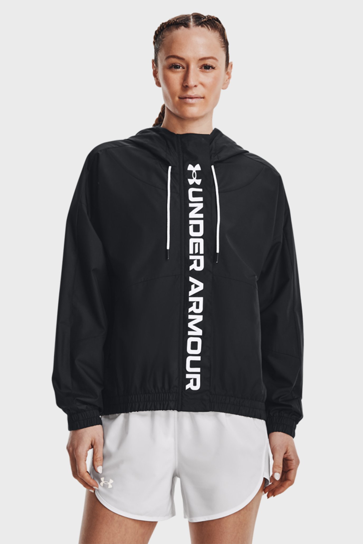 Женская черная ветровка UA Rush Woven FZ Jacket 1