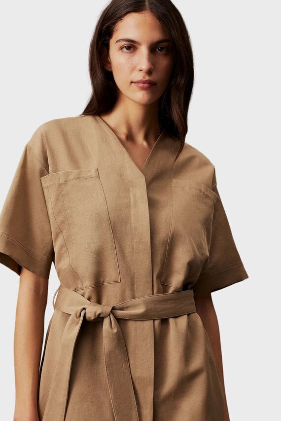 Женское коричневое платье COTTON LINEN BELTED SHIFT DRESS