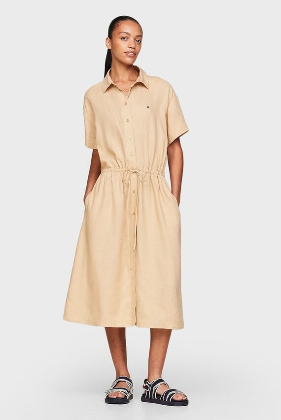 Женское бежевое льняное платье LINEN SS MIDI SHIRT DRESS