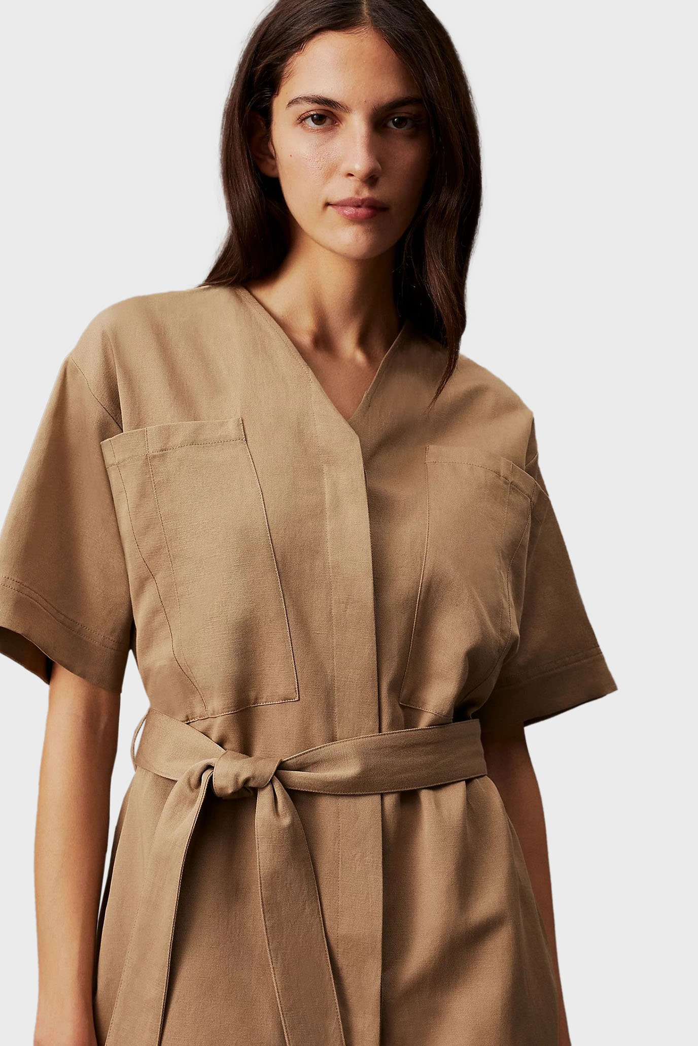Женское коричневое платье COTTON LINEN BELTED SHIFT DRESS 2