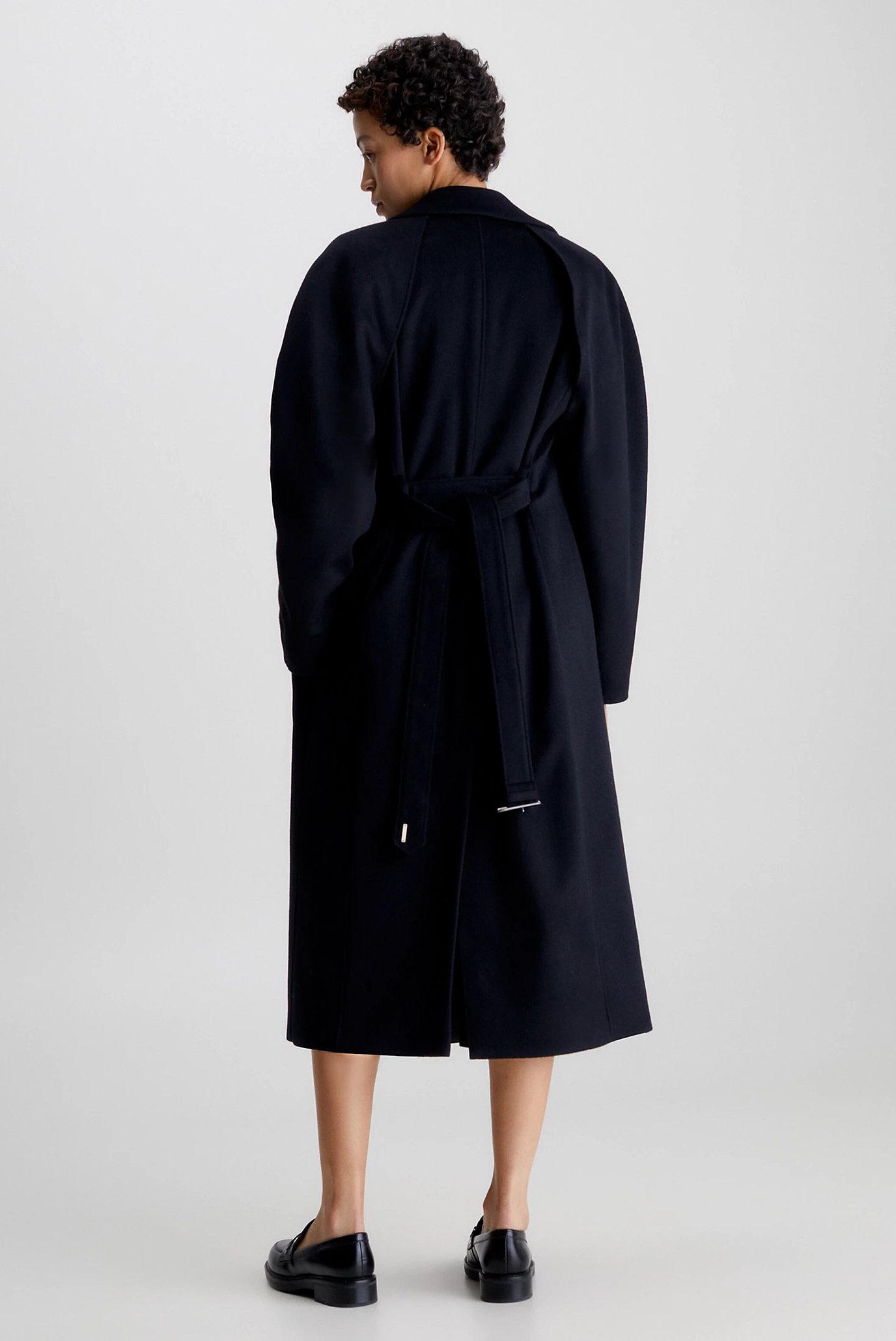 Женское черное шерстяное пальто CUT OUT WOOL WRAP COAT 2