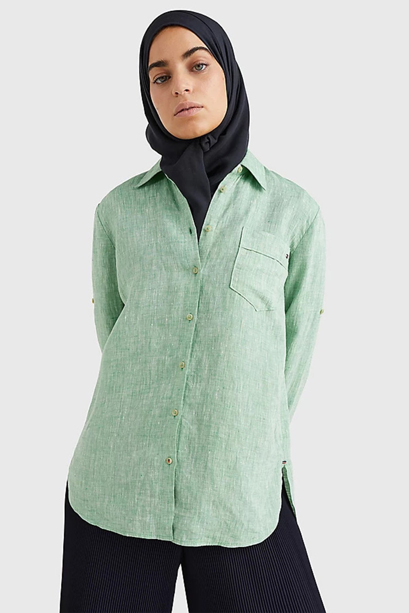 Женская зеленая льняная рубашка LINEN N RELAXED LONG 1