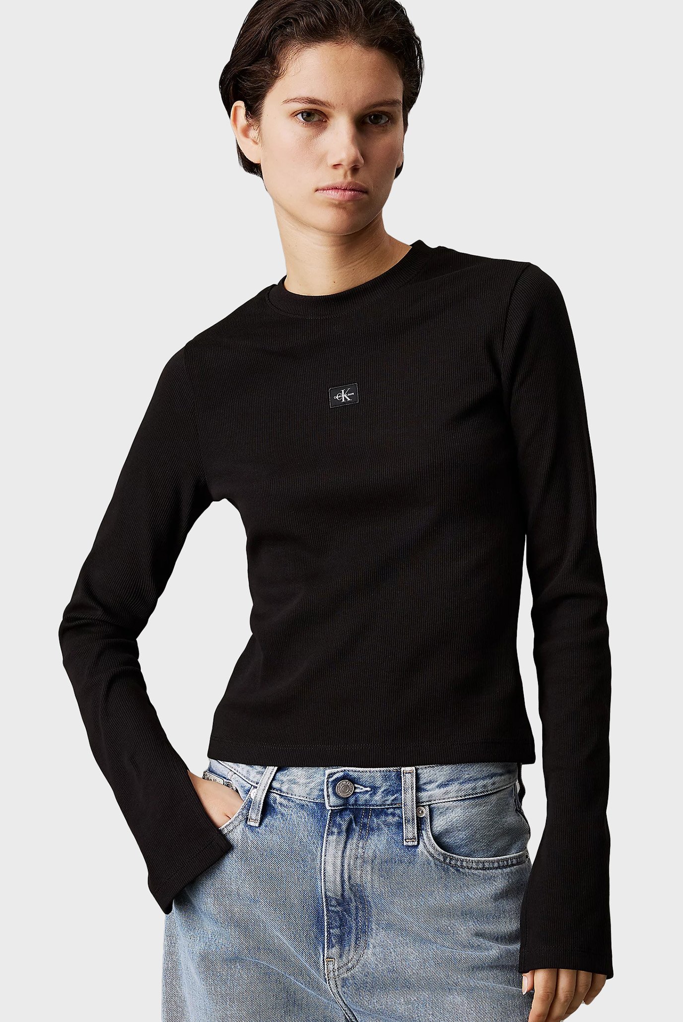 Женский черный лонгслив WOVEN LABEL RIB LS TOP 1