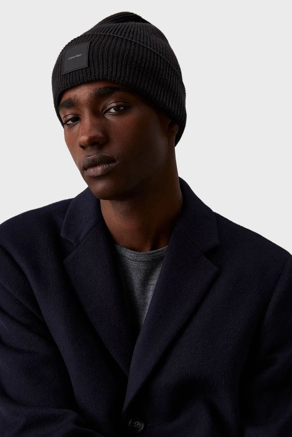 Мужская черная шапка COTTON WOOL FINE RIB BEANIE