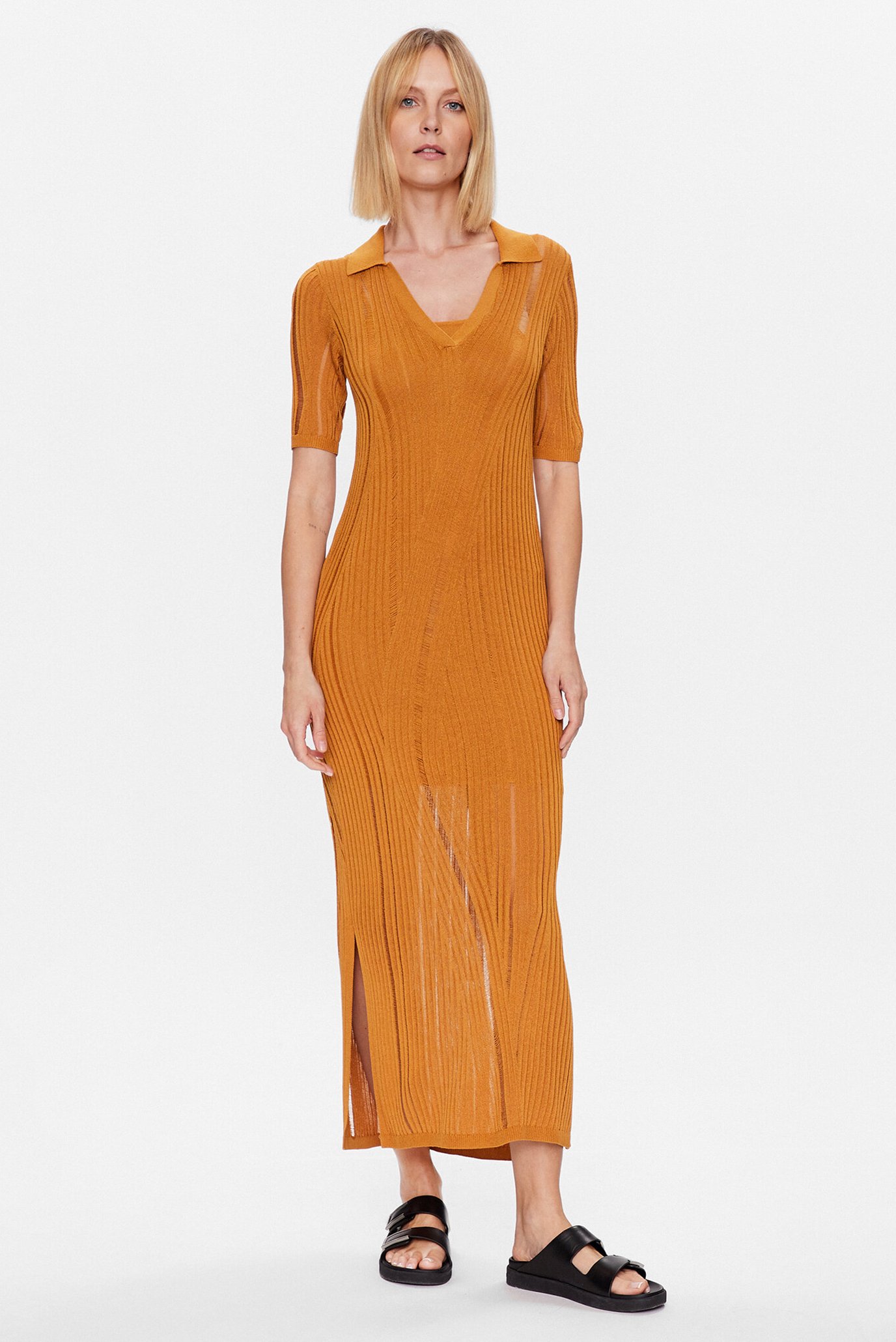 Женское горчичное платье TEXTURE STITCHCalvin Klein Женское горчичное платье TEXTURE STITCH 2