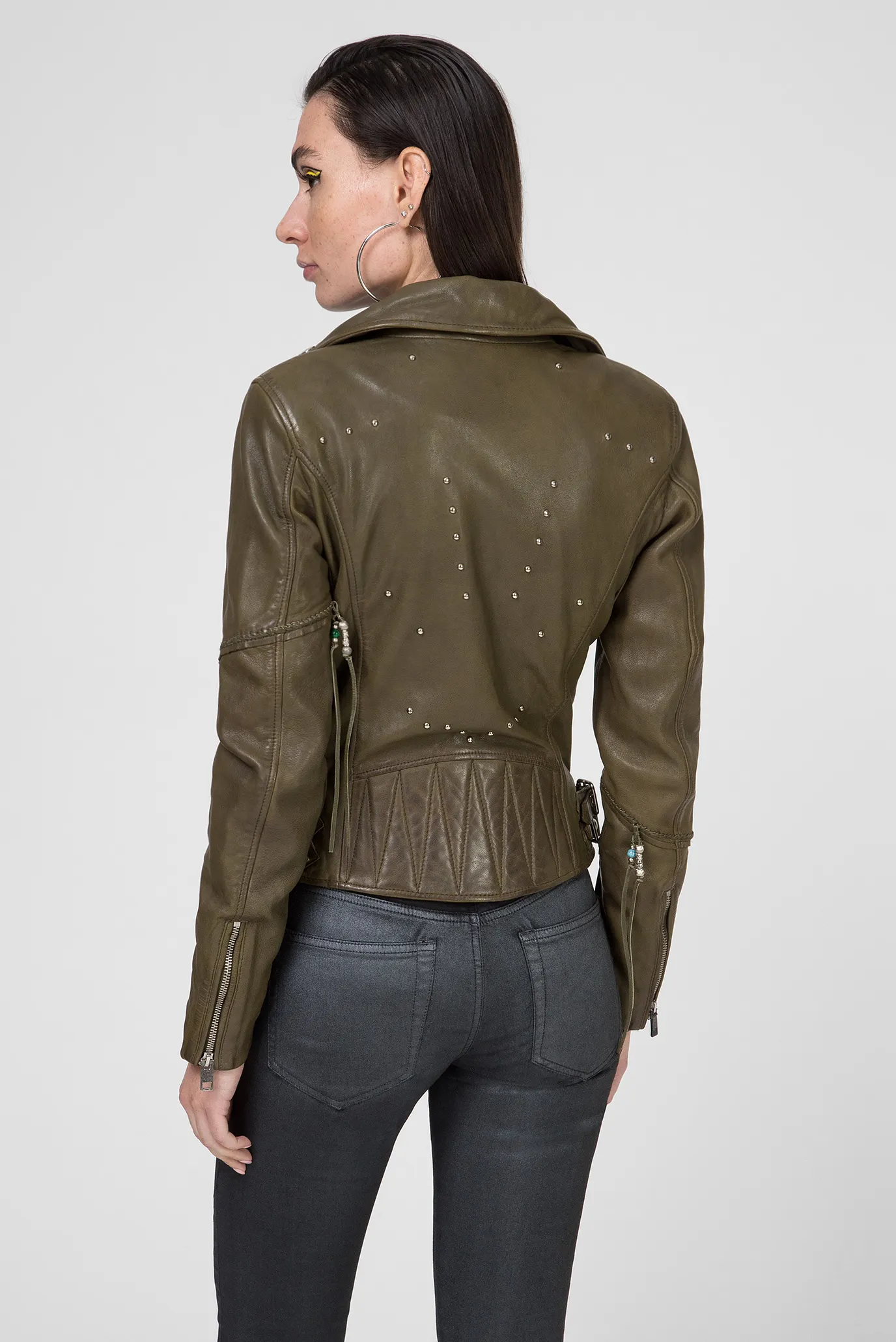Женская оливковая кожаная косуха L-SINYA-A GIACCA 8