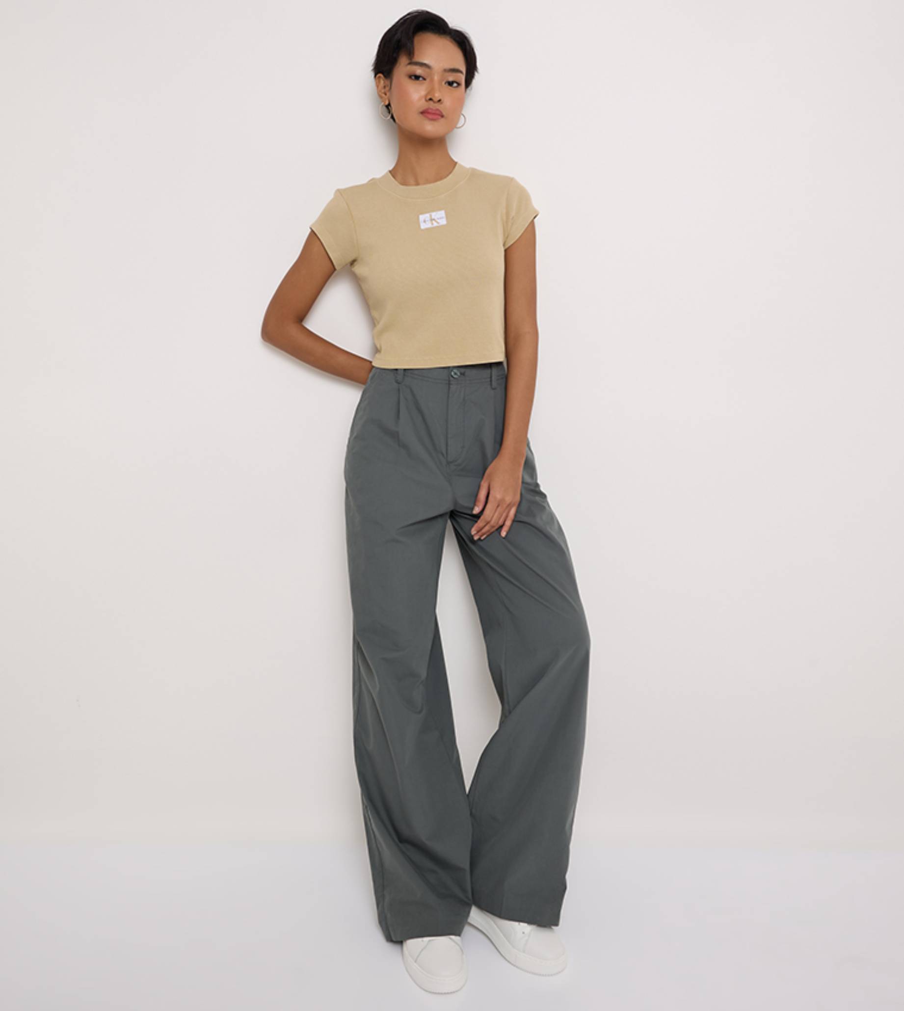 Женская бежевая футболка WASHED WOVEN LABEL RIB BABY TEE 4