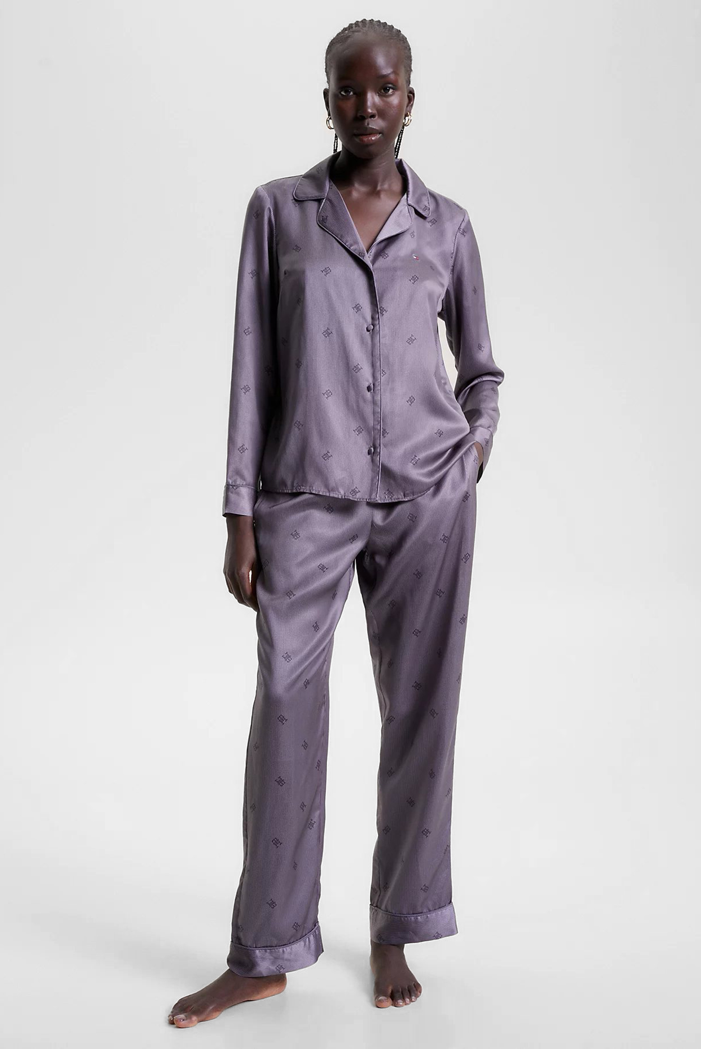 Женская сиреневая пижама с узором (рубашка, брюки) LONG SLEEVE SATIN PYJ SET 1