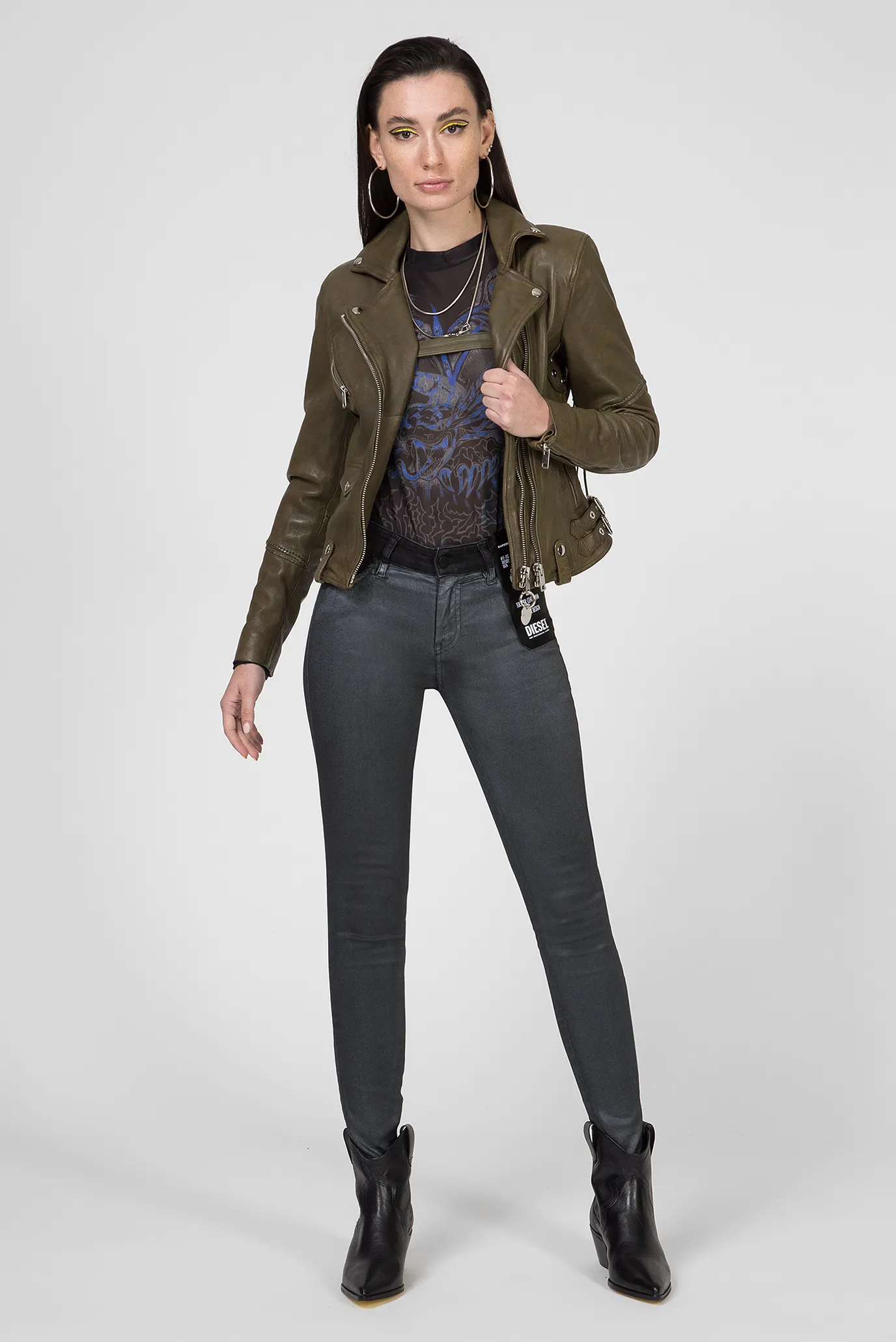 Женская оливковая кожаная косуха L-SINYA-A GIACCA 10