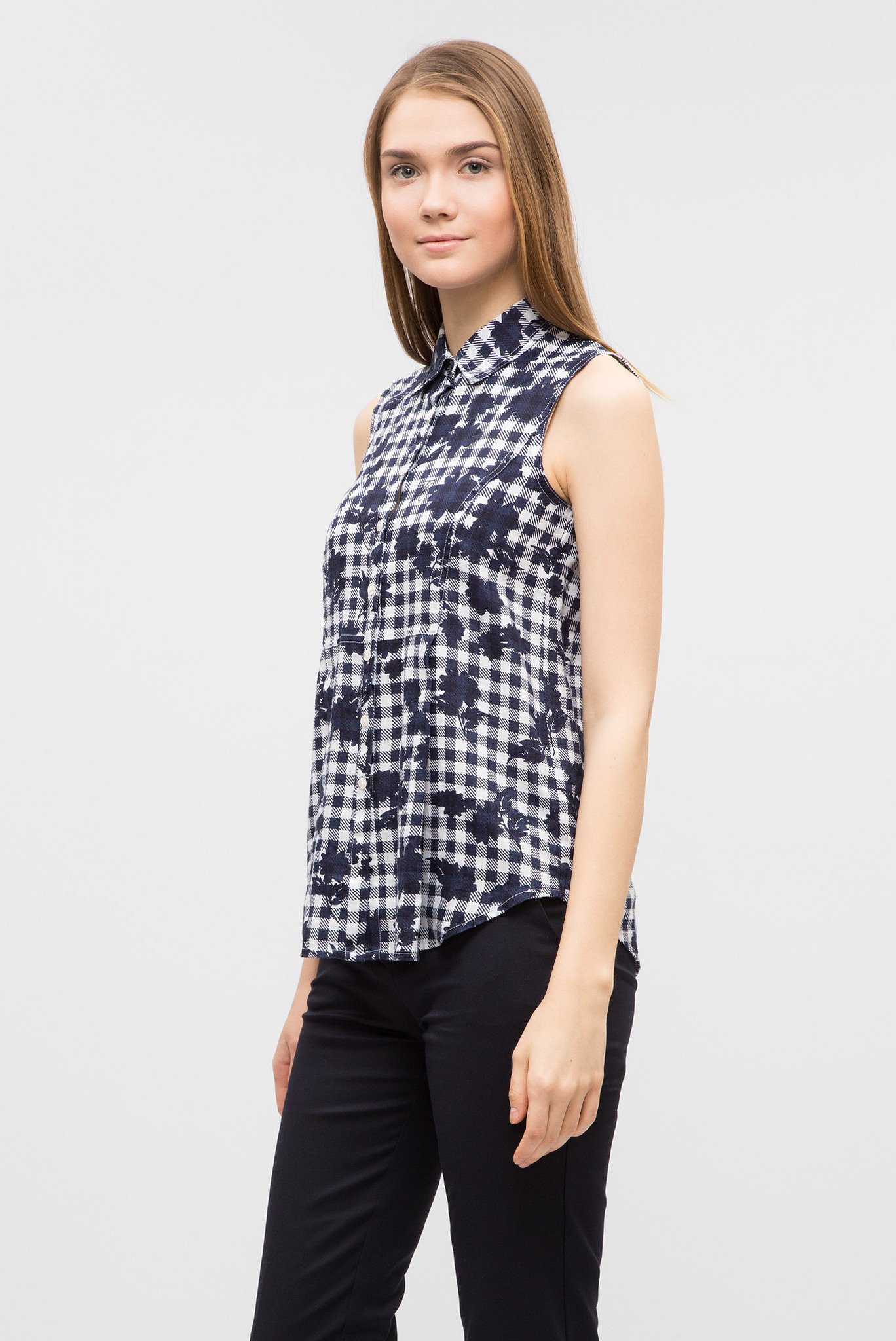 Женская темнo-синяя блуза в клетку 2