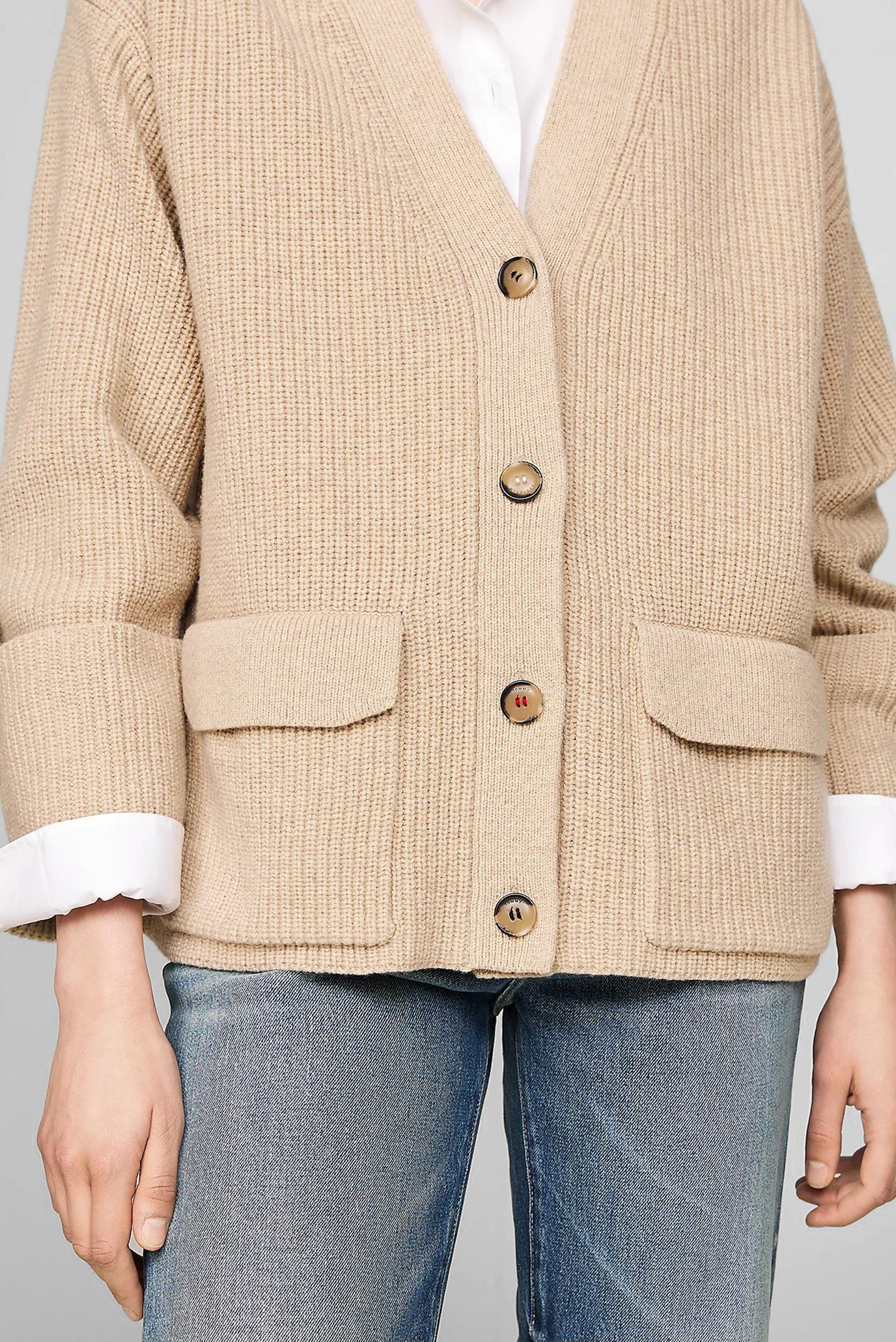 Женский бежевый шерстяной кардиган UTILITY KNIT V-NK 4