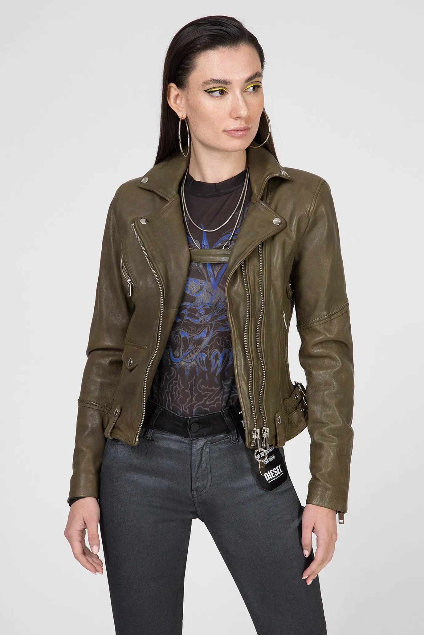 Женская оливковая кожаная косуха L-SINYA-A GIACCA 6