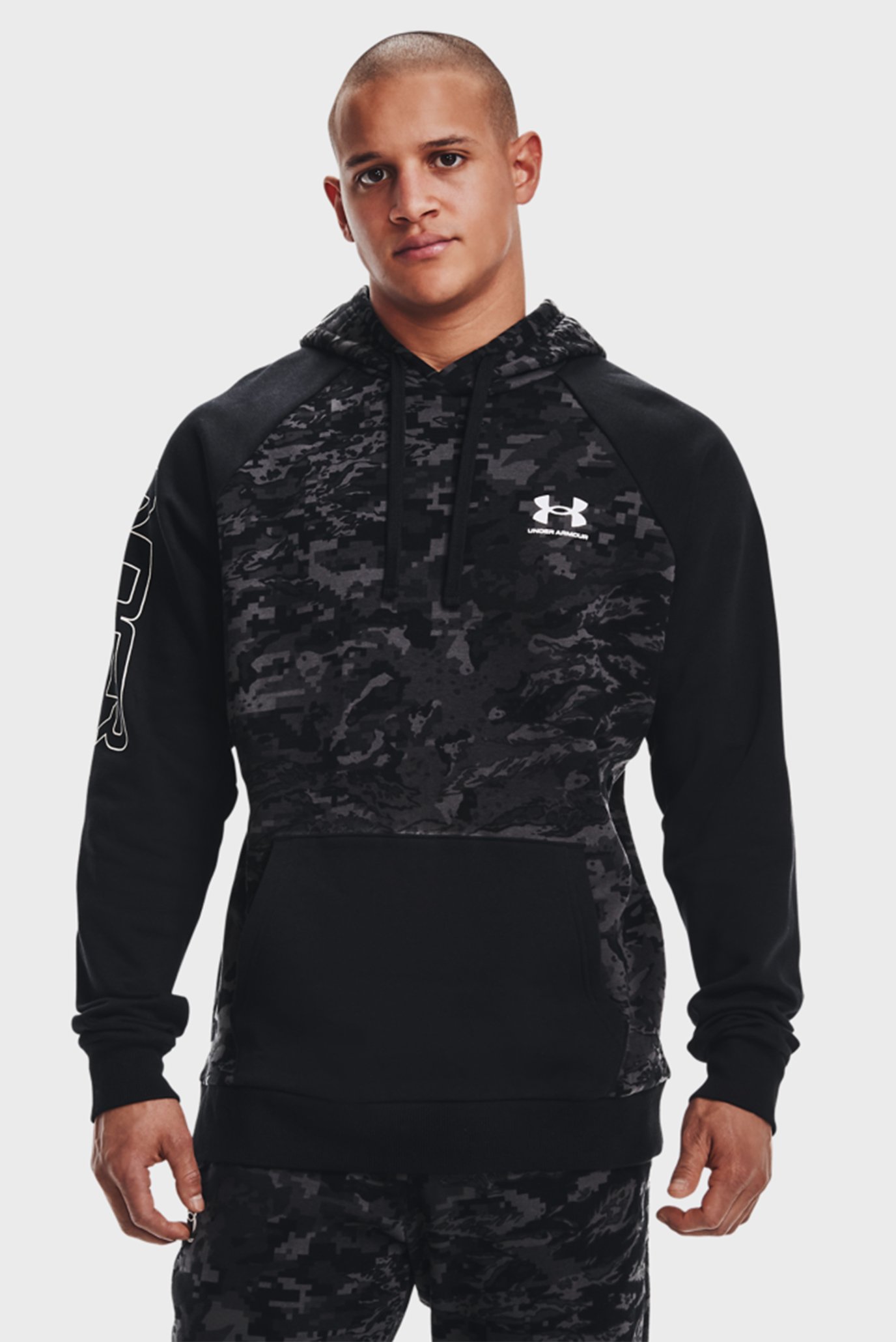 Мужское черное худи UA RIVAL FLC CAMO SCRIPT HD 1