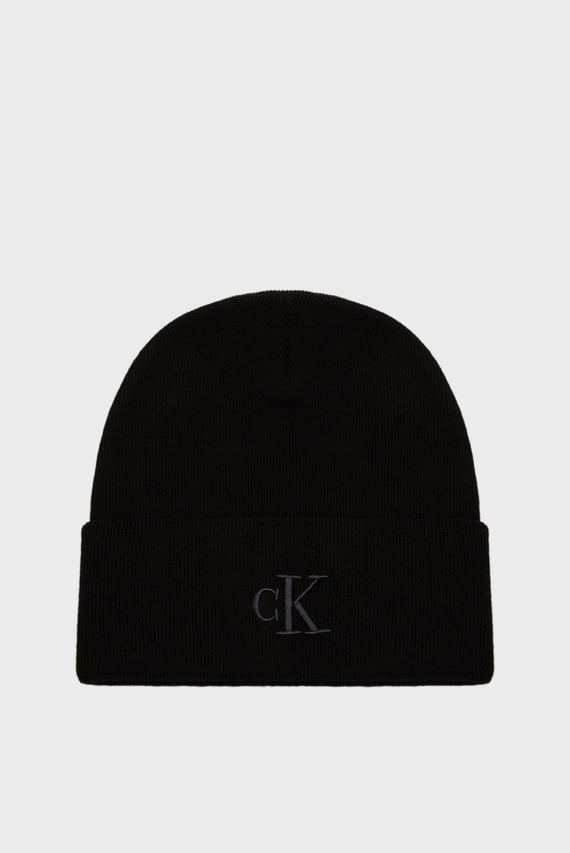 Мужская черная шерстяная шапка THICK EMBROIDERY BEANIE