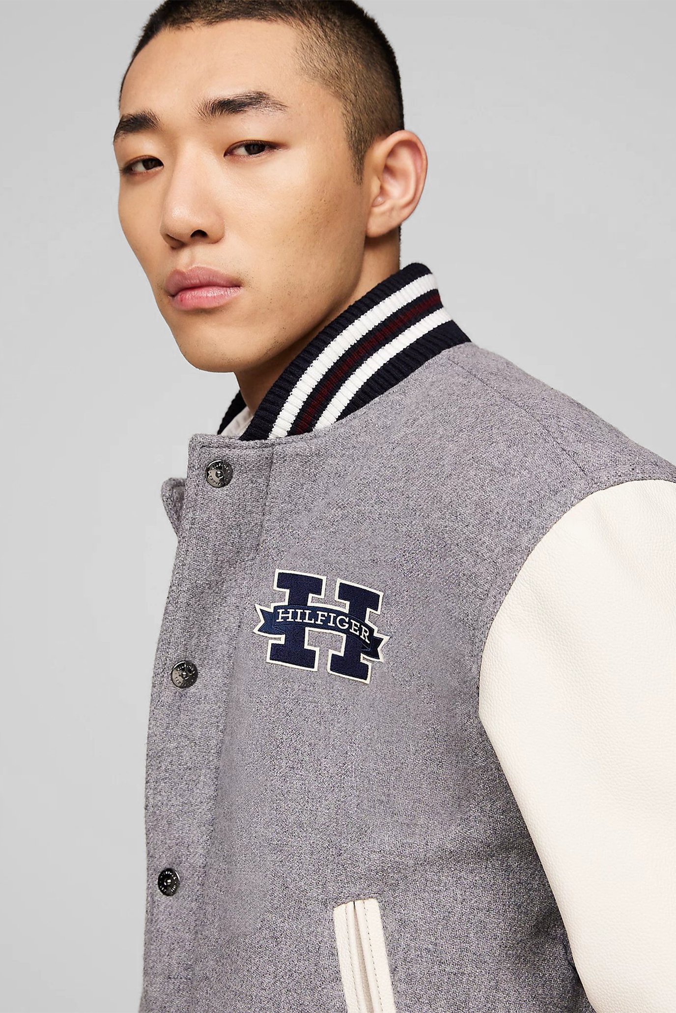 Мужской серый шерстяной бомбер LEATHER VARSITY JACKET 4