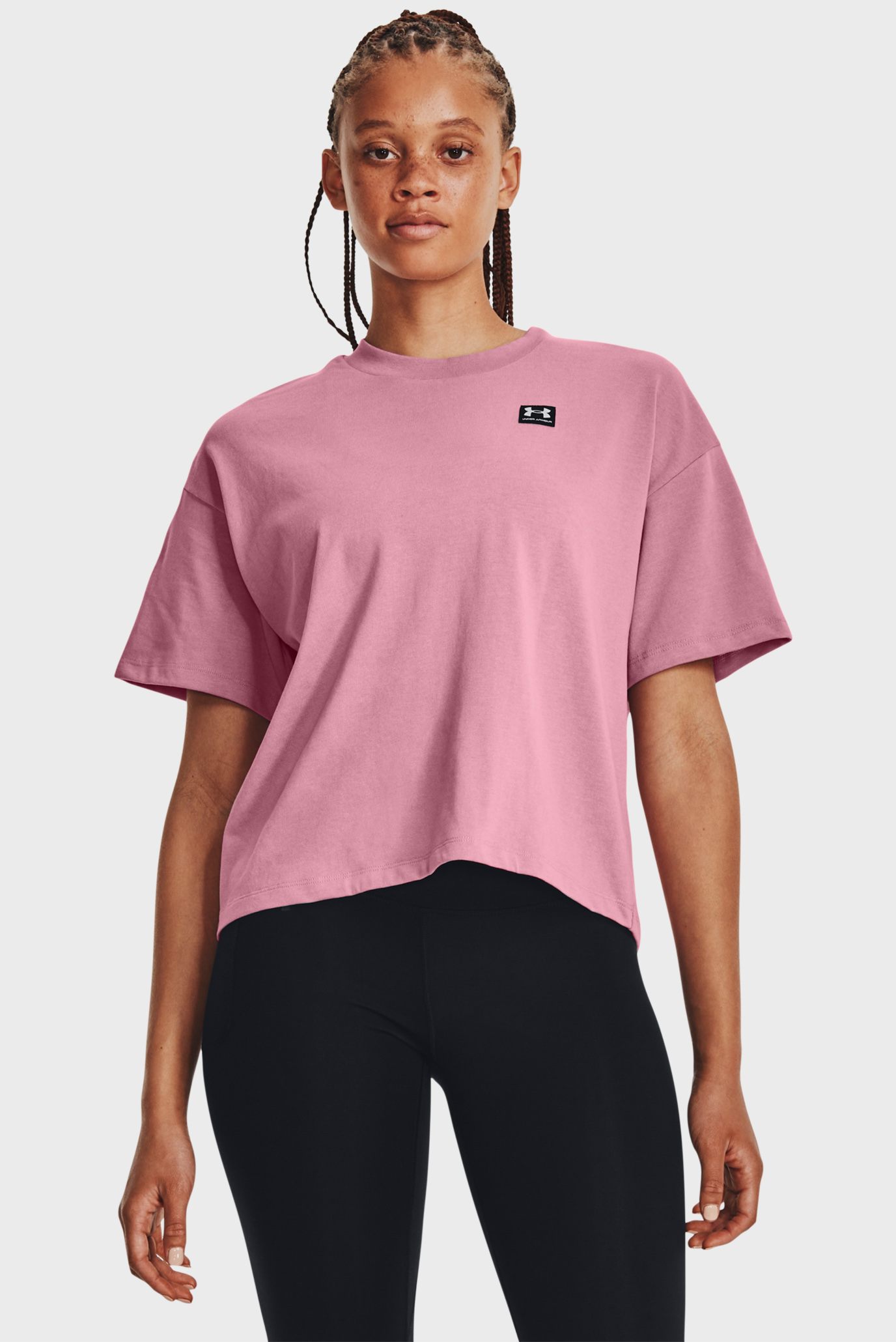 Женская розовая футболка UA W LOGO LC OVERSIZED HW SS 1