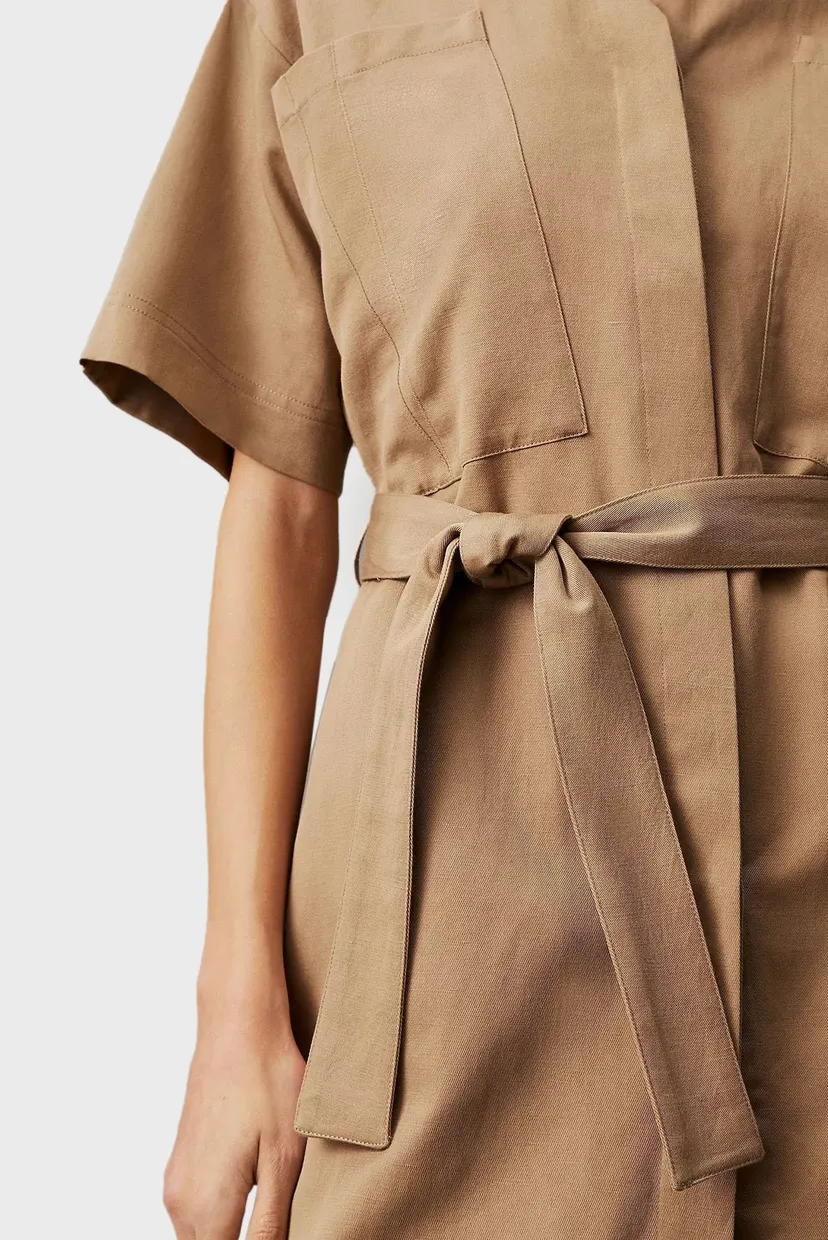 Женское коричневое платье COTTON LINEN BELTED SHIFT DRESS 4