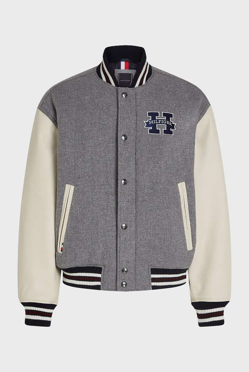 Мужской серый шерстяной бомбер LEATHER VARSITY JACKET 5