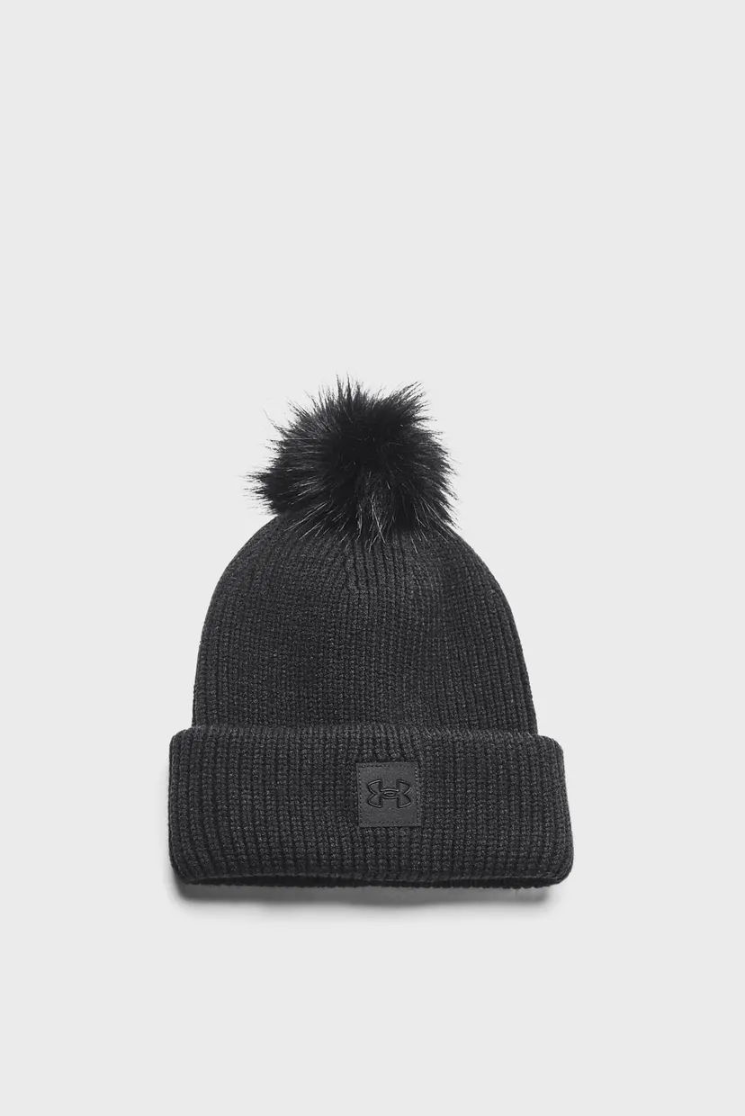 Женская черная шапка UA Halftime Ribbed Pom-BLK 4