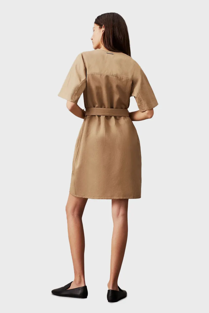 Женское коричневое платье COTTON LINEN BELTED SHIFT DRESS 3