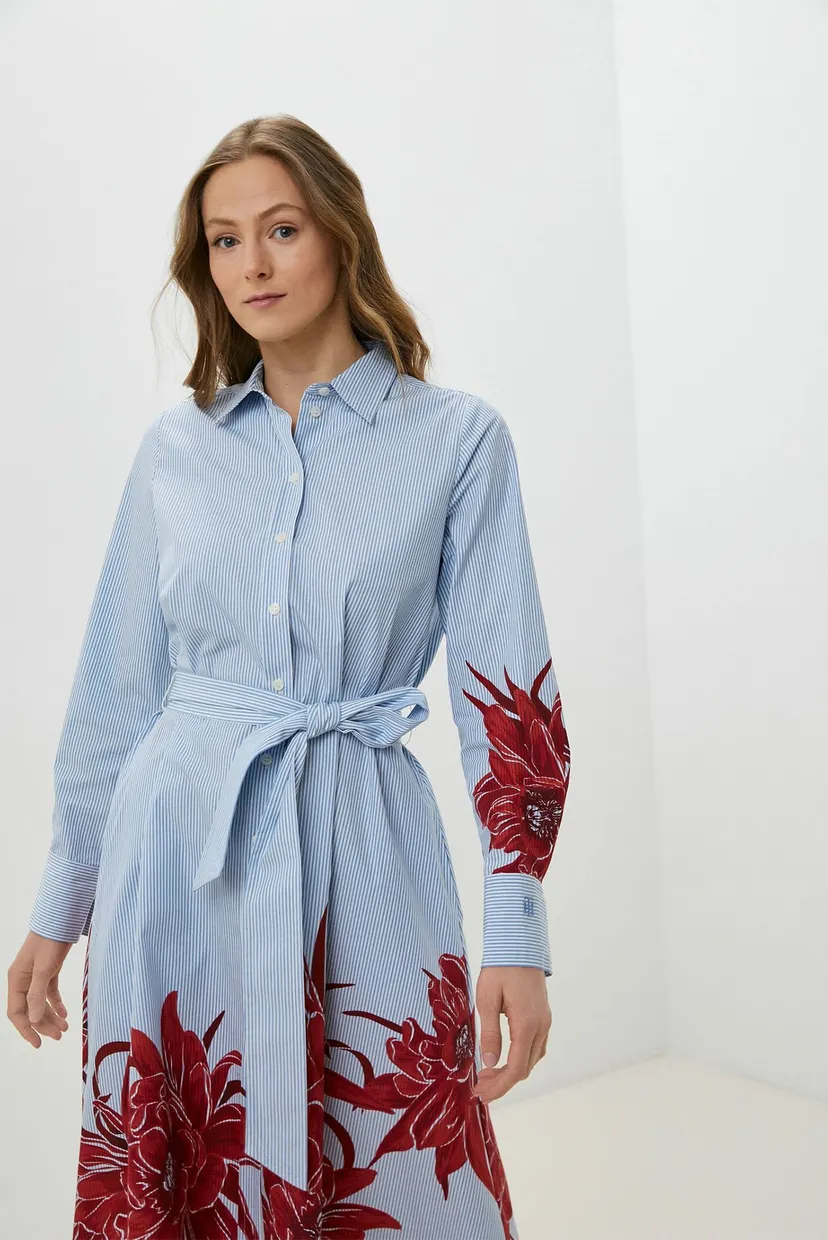 Женское голубое платье в полоску FLORAL MIDI SHIRT DRESS LS 3